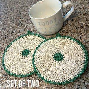 Set of 2-Vintage Pot Holders-Handmade-Green/Beige